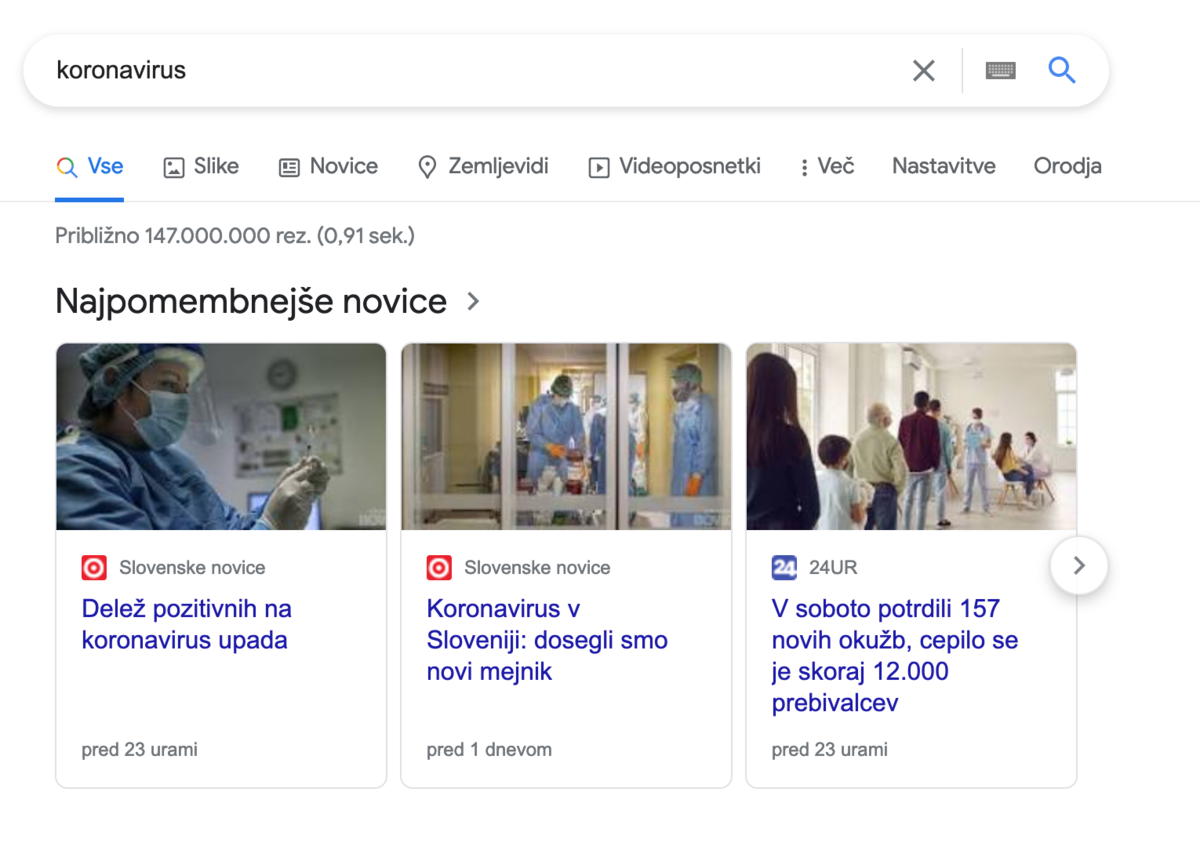 Prikaz rezultatov iskanja - Novice v iskalniku Google