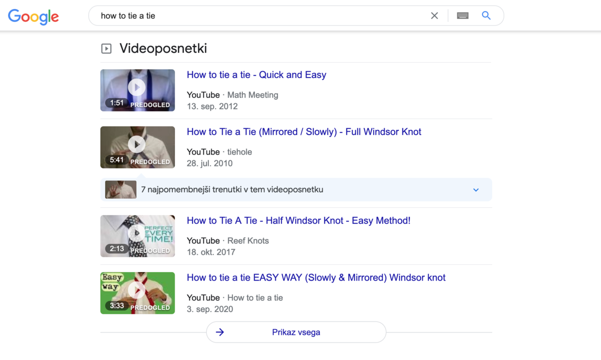 Primer video rezultata iskanja v iskalniku Google