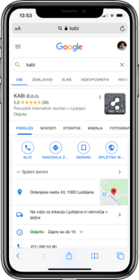 Kabi spletna stran v Google iskalniku