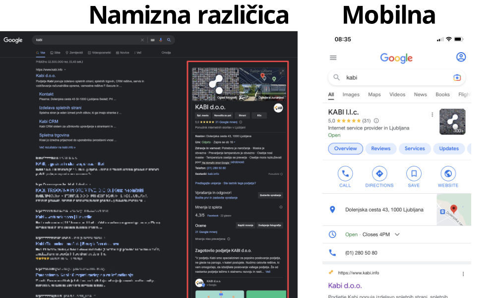 Primer namizne in mobilne različic panela znanja