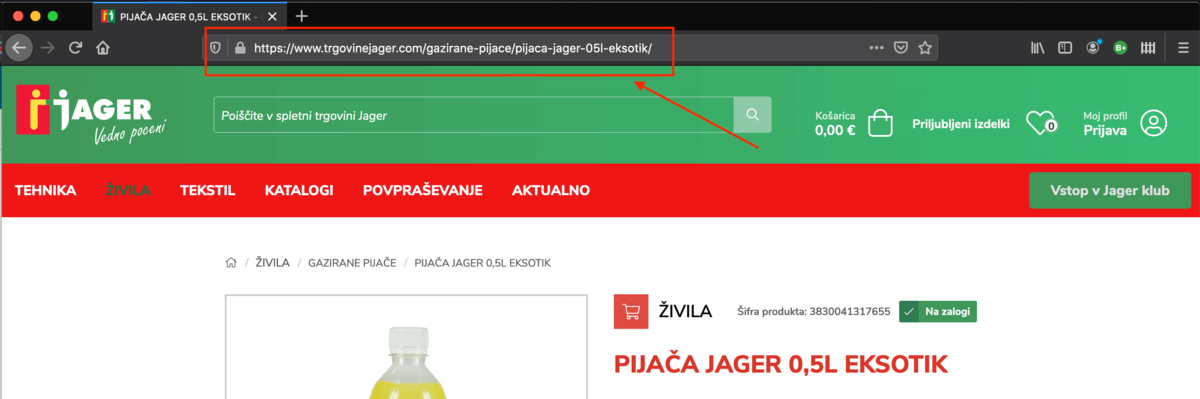 Primer URL naslova na spletni trgovini Jager