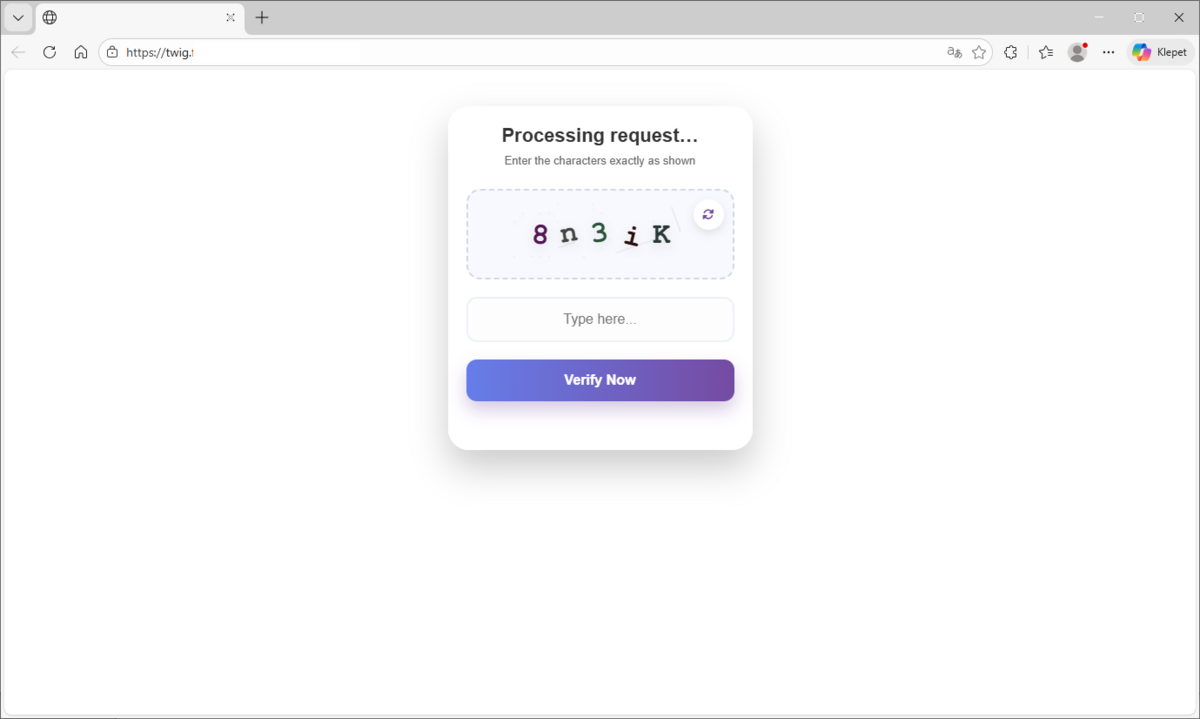 Pred odprtjem phishing strani je potrebno izpolniti captcho.