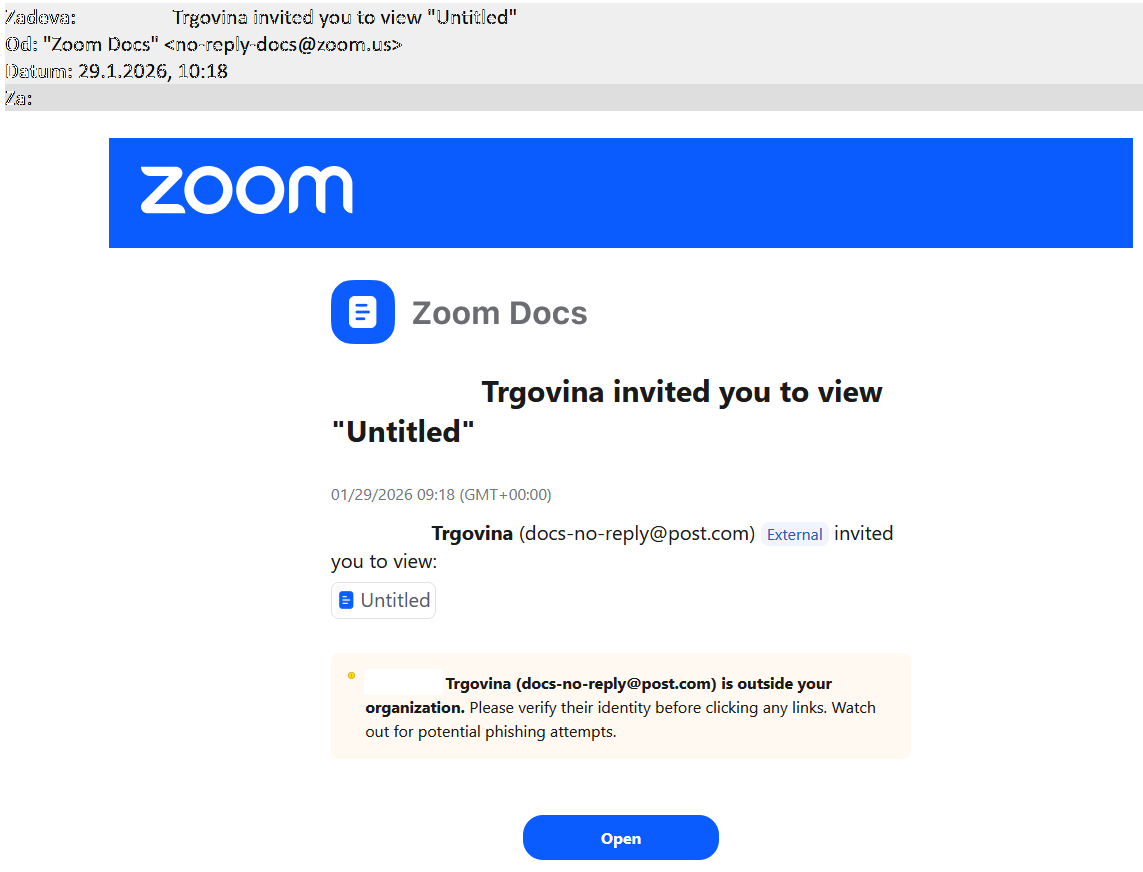 Preko Zoom uporabniku po elektronski pošti pride vabilo za obisk strani Zoom Docs.