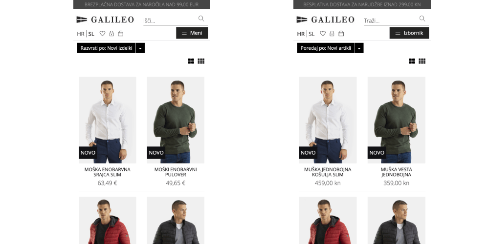 Primer cen v različnih valutah spletne trgovine Galileomen