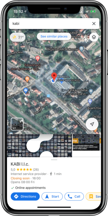 Primer lokalnega iskanja v aplikaciji Google Maps