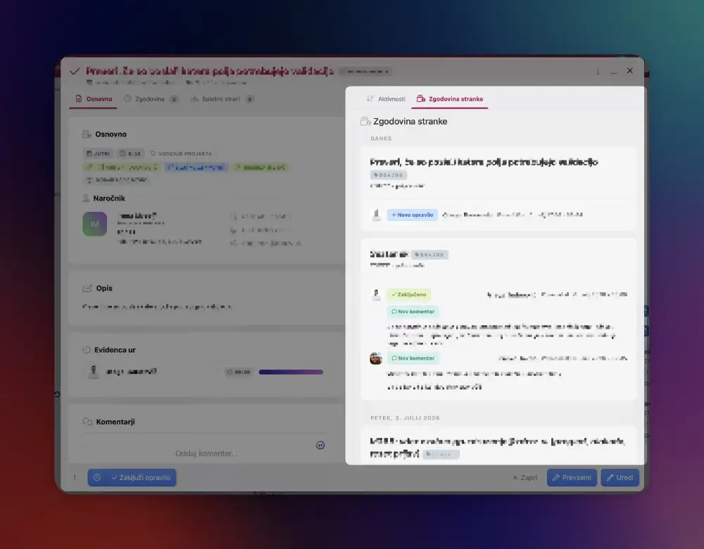 Primer zgodovine stranke iz posameznega opravila v Kabi CRM sistemu