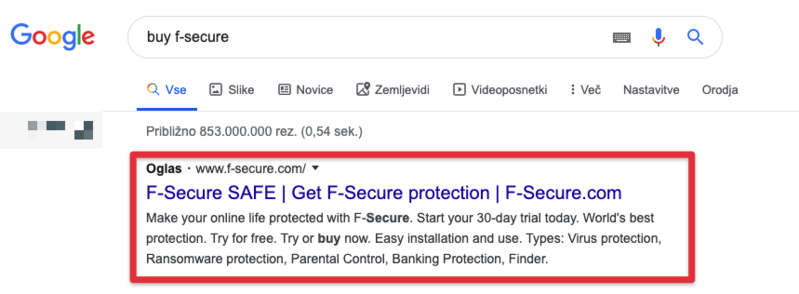 Primer oglasa v iskalniku Google