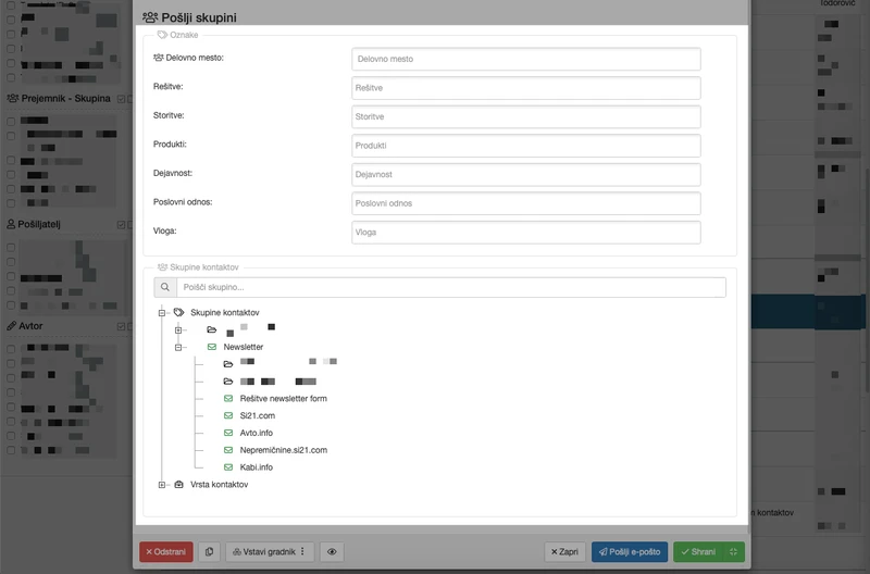Možnost izbire skupin kontaktov