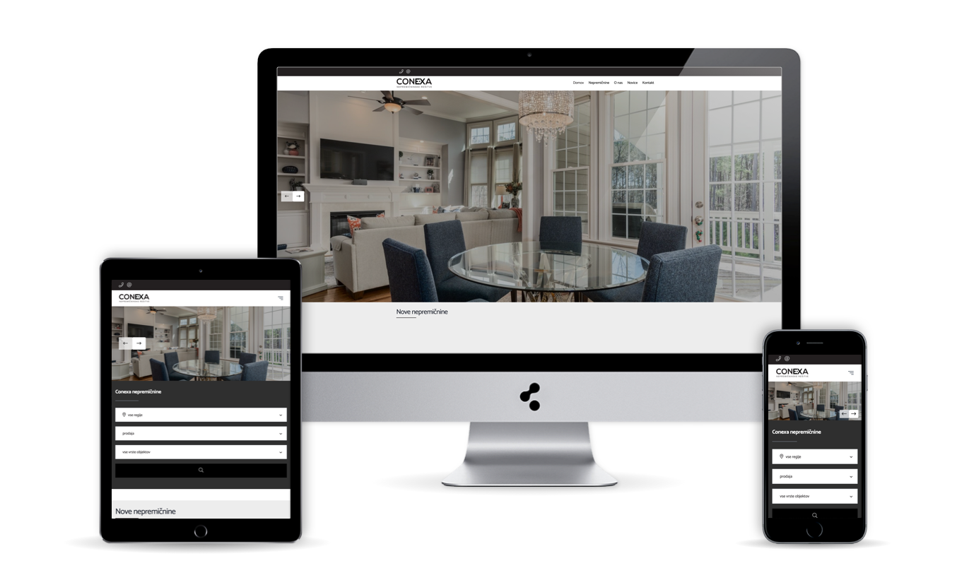 Spletna stran Conexa nepremičnine na različnih napravah