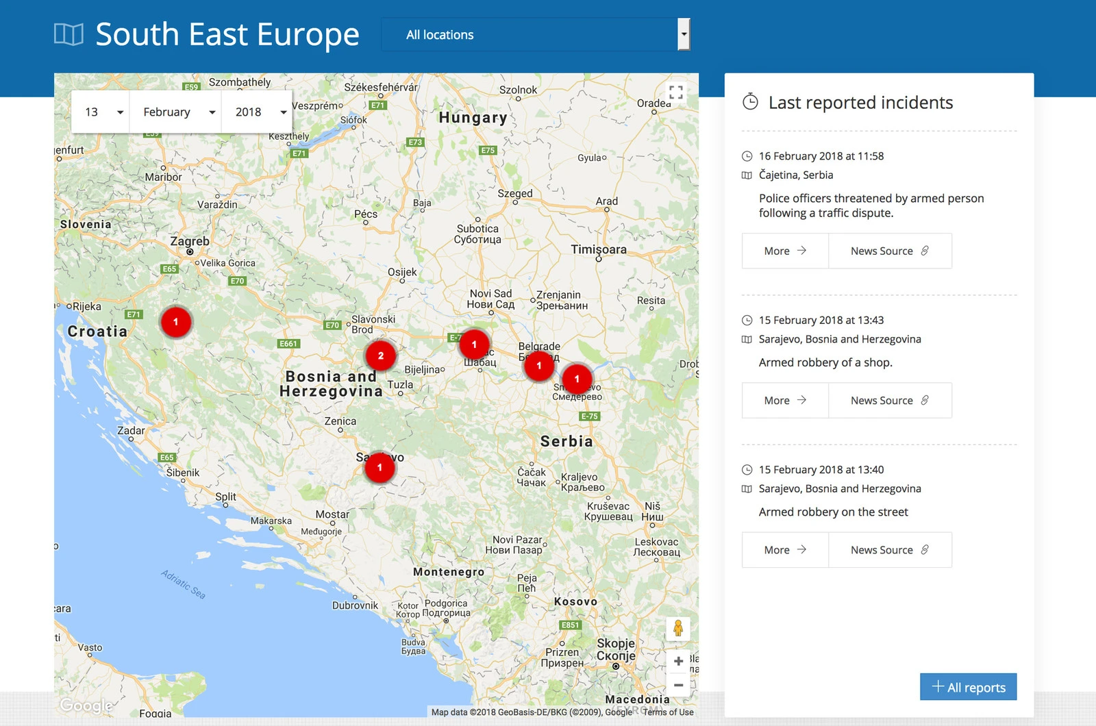 Prikaz dogodkov na zemljevidu, glede na izbran datum