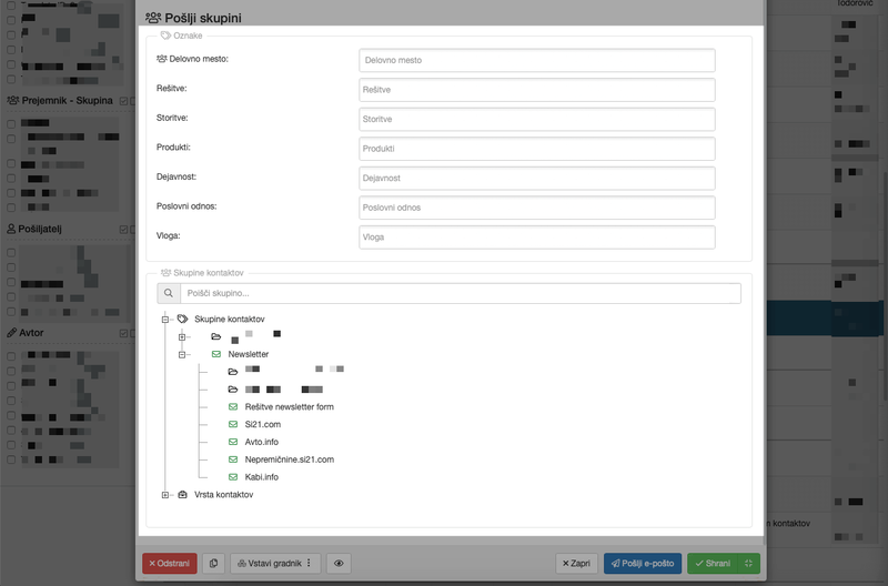 Možnost izbire skupin kontaktov