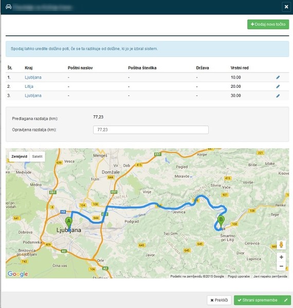 Spremljanje probljenega časa in kilometrine