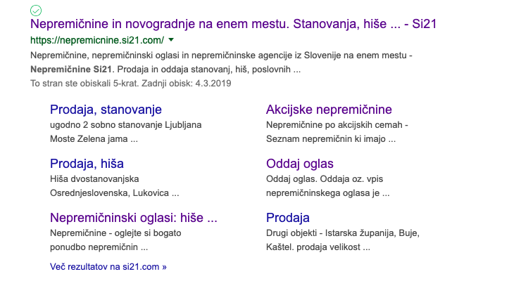 Primer varne povezave v iskalniku Google za spletni portal nepremicnine.si21.com